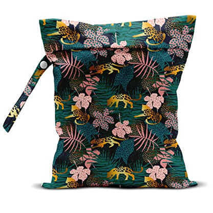 Wet Dry Bag, Wet Bag for Swimsuit, Travel, Beach, Pool, Diapers, Dirty Gym Clothes, Makeup Bag, Camping Accessories, Waterproof Reusable Jungle Tropical Leaves Cheetah Print - color: pink and green