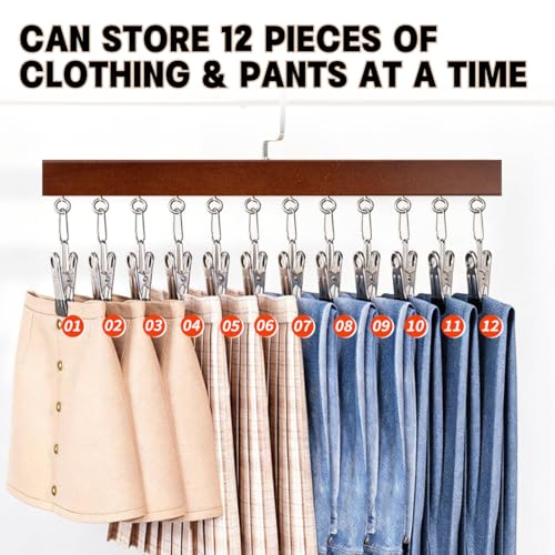 2 Pack Wooden Pants Hangers with 12 Clips, Space Saving Hanging Closet Organizer, Multi-Purpose Hanger for Leggings, Socks, Underwear, Bras, Towels, Closet Storage Solution (Retro) - color: Retro