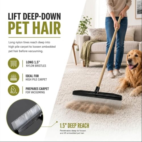 Room Groom Carpet Rake and Groomer with Wood 60" Handle, Sturdy Design, Carpet Brush Ideal for Pet Hair, Refreshing High Pile Carpets, Rugs, and Artificial Turf - style: Wood Handle