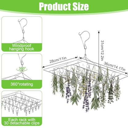 6 Pcs Stainless Steel Clothing Drying Rack, Hanging Drying Rack with Clips, Foldable Swivel Dryer Windproof Hook for Plants Flowers Towel Lingerie Sock Laundry