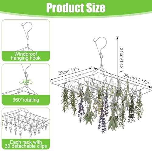6 Pcs Stainless Steel Clothing Drying Rack, Hanging Drying Rack with Clips, Foldable Swivel Dryer Windproof Hook for Plants Flowers Towel Lingerie Sock Laundry