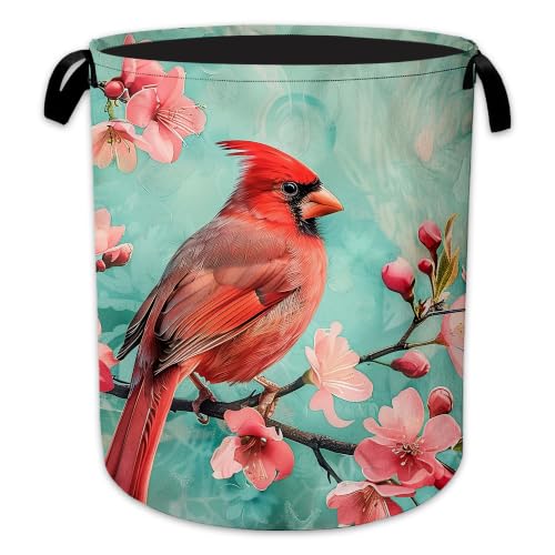 Cardinal Bird Laundry Basket, Pink Flowers Collapsible Laundry Hamper Waterproof Oxford Cloth With Handles, Clothes Storage Bucket For Bathroom/Bedroom 16" x 20.8" - color: Cardinal Bird