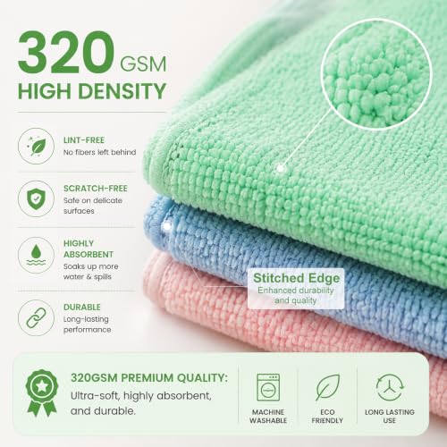 Microfiber Cleaning Cloths, Ultra-Soft and Highly Absorbent, Streak-Free, Lint-Free, Scratch-Free, Washable, for Car Detailing and Glass Cleaning,12" x 12", Green/Blue/Pink, 12-Pack