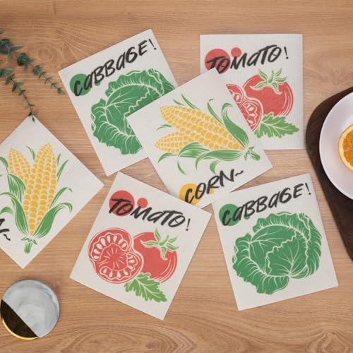 Swedish Dishcloths for Kitchen, 6 Pack Vegetable Swedish Dish Towels with Clips, Reusable Paper Towels Washable Non-Scratch Super Absorbent Cellulose Sponge Cloths, Biodegradable No Odor - color: Vegetable