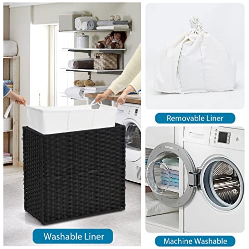 GOFLAME Laundry Hamper with Lid and Wheels, 125L Hand Woven Rattan Laundry Basket with 3 Divided Sections, Handles, 2 Removable and Washable Liner Bags, Dirty Clothes Hamper for Bedroom (Black)
