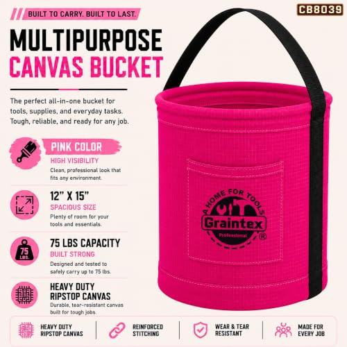Graintex Canvas Utility Bucket 12"x15", Round Tool Bucket, Reinforced Base & Carry Handle, Ripstop Canvas, Multi-Purpose Bag for Jobsite, Gardening, Home Use, Ideal for Tool Storage Solutions - color: Pink