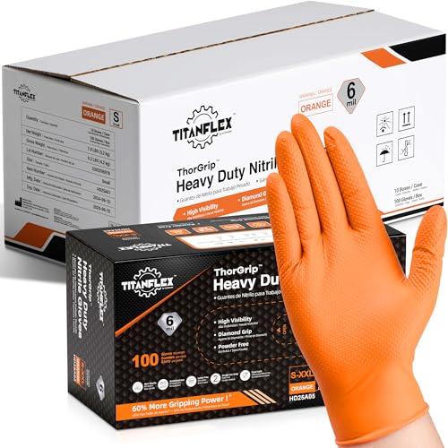 TitanFlex Heavy Duty Orange Nitrile Gloves, 6 Mil, Raised Diamond Texture, Mechanic Disposable Gloves, Latex Free Powder Free - color: 05 6mil (1000ct), size: Large