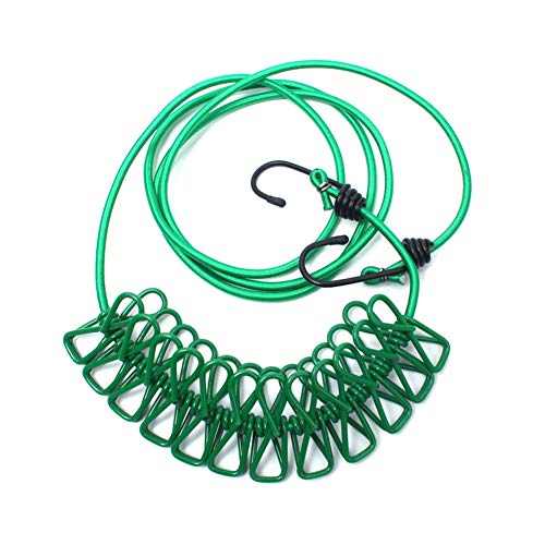 AKOAK 1 Pack Multi-Function Outdoor Home Clothesline Travel Portable Windproof Non-Slip Drying Rope 12 Clip (Green) - color: Green