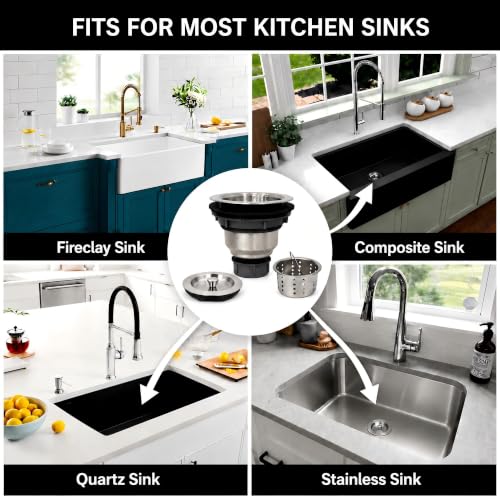 Kitchen Sink Drain Assembly Kit, 3-1/2 Inch Brushed 304 Stainless Steel Basket Strainer with Deep Removable Basket, Stopper & Cover Lid, Fits Standard Kitchen Sinks - color: Brushed