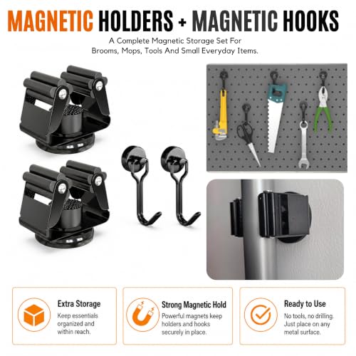 3-H 4 Pack Magnetic Broom Holder with 4 Pack Mini Magnetic Hooks,Black - color: Black, size: 4pc+4pc(42mm-Magnet)