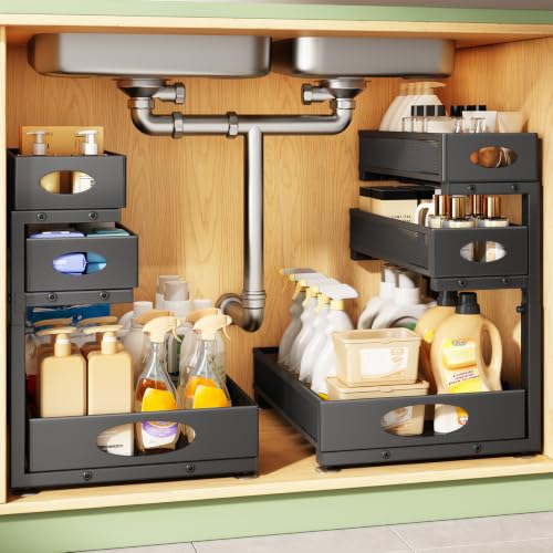 Kitstorack Under Sink Organizer 3-Tier Slide Out Drawer 2-Pack Black - color: Black, size: 2-Pack