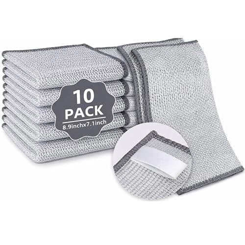 Silver Mesh Dish Cloths (3 Layer) – Non Scratch, Odor Free, Quick Dry Wire Cleaning Pads for Sinks, Dishes, Stove Top | Multipurpose Reusable Metal Scrubbers | 10 Pack - color: Silver