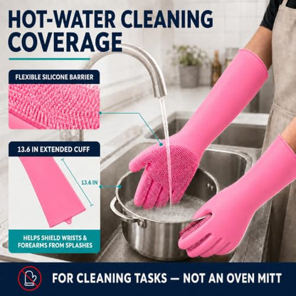 Silicone Dishwashing Gloves with Scrubber Bristles, Food-Grade Cleaning Mitts for Kitchen Dishes, Pet Grooming & Car Wash - color: Light Pink