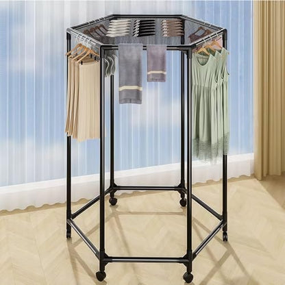 Clothes Rack with Wheels, Clothing Rack with drying mesh, Standing Garment Storage for Indoor, Hanging Rod for Bedroom Laundry Room, Coat Dress Organizer on Wheels (48.4" H)