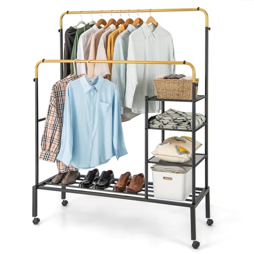 Tangkula Rolling Double Rods Garment Rack, Clothes Drying Rack with Height Adjustable Hanging Bars, Storage Shelves & Lockable Wheels, Heavy-duty Steel Clothing Rack for Indoor & Outdoor Use (Gold) - color: Gold