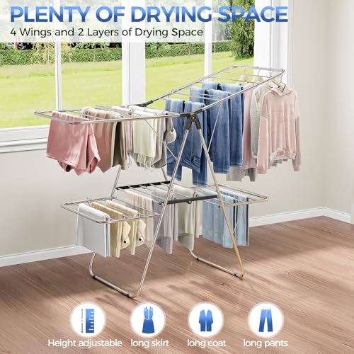APEXCHASER Large Stainless Steel Clothes Drying Rack, Generous Drying Area - color: Matte Black, size: 4 Wings
