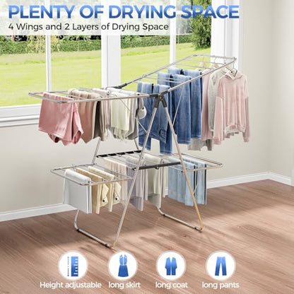 APEXCHASER Large Stainless Steel Clothes Drying Rack, Generous Drying Area - color: Matte Black, size: 4 Wings