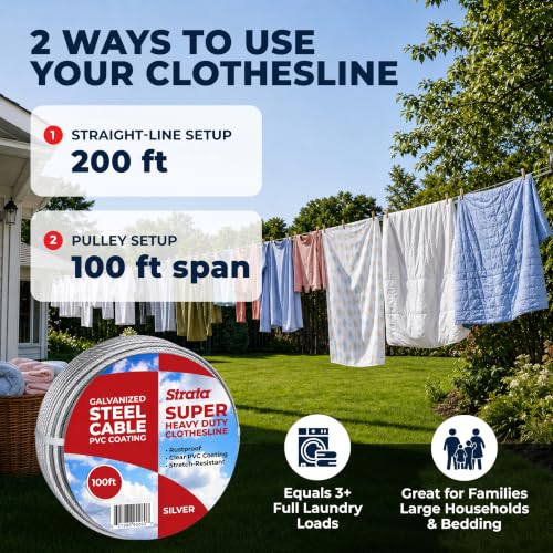 Strata 100 ft Outdoor Clothesline, Super Heavy-Duty Galvanized Steel Cable - color: Super Heavy Duty, size: 100 feet