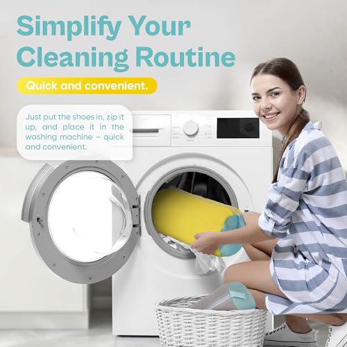 Shoe Washing Machine Bag – 2 Pack Mesh Laundry Bags for Sneakers, Tennis Shoes & Sports Trainers – Reusable Zippered Cleaning Bag to Protect Footwear, Comes with Metal Hanging Hook (Yellow)