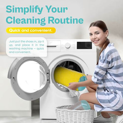 Shoe Washing Machine Bag – 2 Pack Mesh Laundry Bags for Sneakers, Tennis Shoes & Sports Trainers – Reusable Zippered Cleaning Bag to Protect Footwear, Comes with Metal Hanging Hook (Yellow)