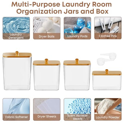 COAZEX 4 Pack Clear Laundry Pods Container & Dryer Sheet Holder,Bamboo Lids - color: Bamboo-Square-White Labels