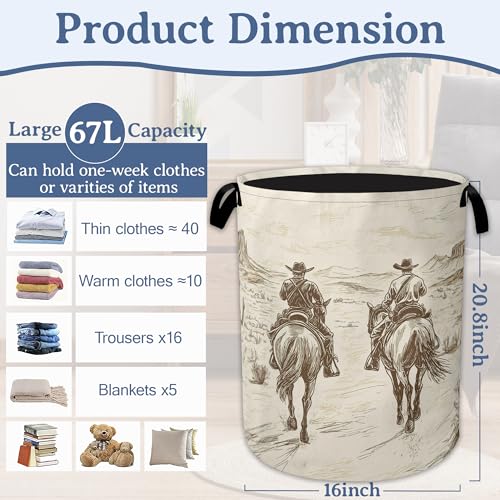 Western Cowboy Laundry Hamper With Handle,Foldable Oxford Cloth Horse Desert Laundry Basket,20.8"x16" Clothes Storage Basket for Laundry Room/Bedroom/Bathroom - color: Western Cowboy Horse Desert