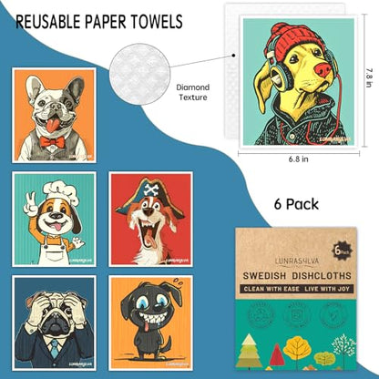 Swedish Dishcloths for Kitchen 6 Pack, Reusable Paper Towels Super Absorbent, Biodegradable Quick Drying Washable Dish Cloths Dishwasher Safe, Ideal Practical Housewarming and Hostess Gifts(Dog) - color: Dog Theme
