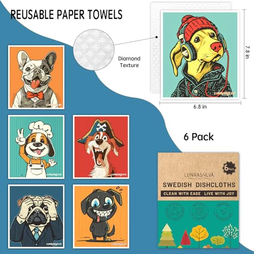 Swedish Dishcloths for Kitchen 6 Pack, Reusable Paper Towels Super Absorbent, Biodegradable Quick Drying Washable Dish Cloths Dishwasher Safe, Ideal Practical Housewarming and Hostess Gifts(Dog) - color: Dog Theme