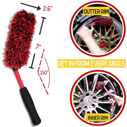 oesee Professional 4 Pack Long Handle Wheel Brush Kit for Cleaning Wheel and Tire- 2X Soft Wheel Cleaning Brush, Detailing Brush and Stiff Tire Brush, Bendable& Durable Wheel Rim Cleaner Brush Set - size: 5 Pack (Red & Black)