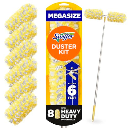 Swiffer Duster Kit with 6 ft Super Extendable Handle, Heavy Duty Starter Kit, Microfiber, White, with 8 Refills