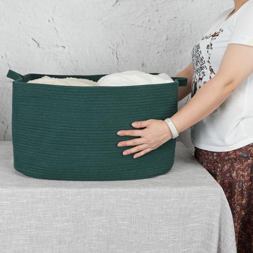 XUANGUO Large Woven Cotton Rope Blanket Basket 22"x17"x12" Dark Green - color: Dark green
