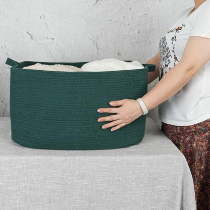 XUANGUO Large Woven Cotton Rope Blanket Basket 22"x17"x12" Dark Green - color: Dark green