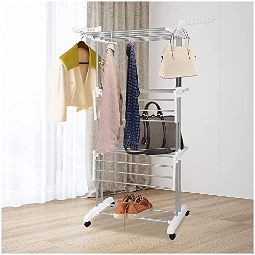 Bigzzia Clothes Drying Rack Folding with Wheels Drying Rack Clothing Clothes Horses Rack Stainless Steel Laundry Drying Rack with Two Side Wings 4 Tier Grey White - color: Grey White