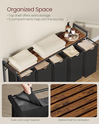 VASAGLE Laundry Hamper with Shelf, 5 Pull-Out Bags, 5 x 10.6 Gallons (40L) - color: Black + Rustic Brown, size: 5 Bags - 200 L