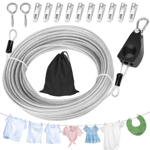 Windspeed Retractable Clothesline Outdoor Heavy Duty Travel Clothesline Retractable Clothes Line for Outside Travel Camping Cloth Line, Galvanized Steel Material, and 10 Clips, Storage Bag - size: 25Ft