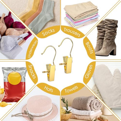 40 Pack Gold Boot Hangers for Closet, Pants Hangers with Clips Portable Travel Hanges Space Saving, Boot Clip Hooks for Hanging Clothes Pins Leggings Hangers Laundry Towels Hat Bra Socks Jean