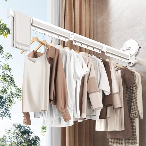 LIENAHU Suction Cup Drying Rack,Drying Rack Clothing,Clothes Drying Rack Wall Mounted,Laundry Drying Rack,Foldable,Collapsible,Retractable,with Clips-White