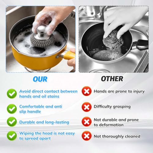 50Pcs Steel Wool Scrubber with 2 Handles, Stainless Steel Scrubber Pads for Dishes, Pots, Pans, Grill, Oven, Kitchen Cleaning, Rust Resistant Heavy Duty Scouring Pads
