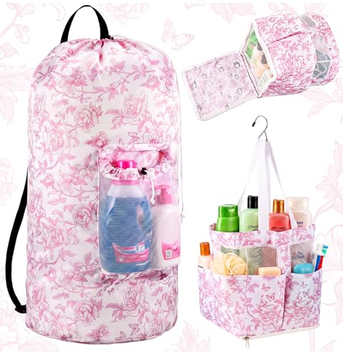 2 Pcs Backpack Laundry Bag and Caddy Set for Dorm and Travel, Floral, Pink - color: Pink