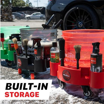 Maxshine Universal Rolling Bucket Dolly – Heavy-Duty, 5 Wheels with 2 Locks, Tool Organizer – 360° Mobility for Car Wash Supplies & Auto Detailing Organization (Red) - color: Bucket Dolly (Red)