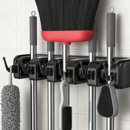 1 PCS Rectangular Heavy-Duty Wall-Mounted Broom/Broom Rack for Home, Garage, Garden, Laundry, or Kitchen 3 Shelves, 4 Hooks - color: black-01