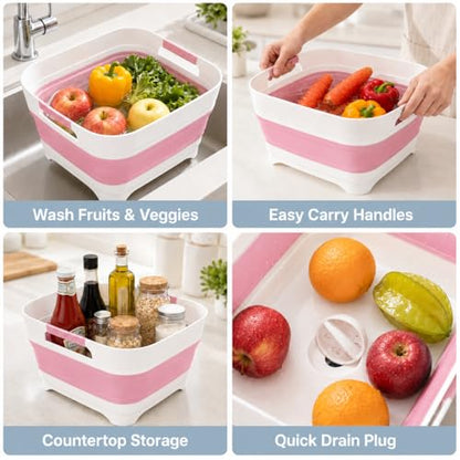 Collapsible Dish Basin with Drain Plug, 2.4 Gal 9L Foldable Wash Basin, Portable Sink Tub for Kitchen, Baby Bottles, Camping, RV, Vegetable Washing and Beverage Tub, Pink - color: Pink