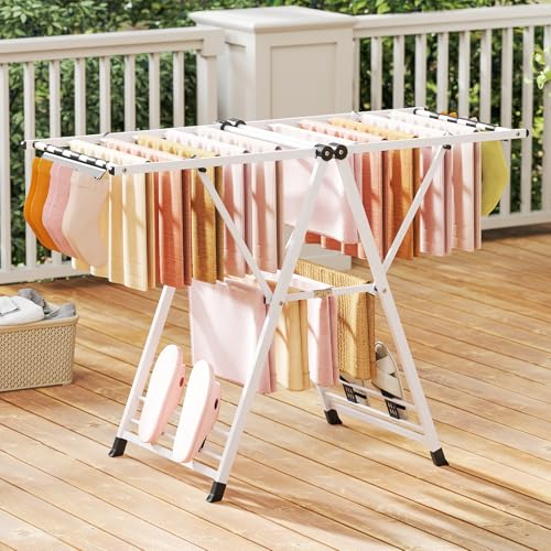 GIANTEX Foldable Metal Clothes Drying Rack, 55.5" Height Adjustable Wings - color: White, size: 55.5"L x 39"-58"H