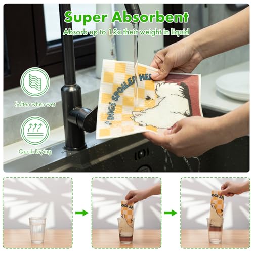 Swedish Dishcloths for Kitchen, 6 Pack Cute Dog Swedish Dish Towels with Clips, Reusable Paper Towels Washable Non-Scratch Super Absorbent Cellulose Sponge Cloths, Biodegradable No Odor - color: Cute Dog