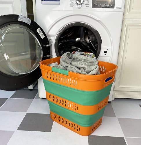 SAMMART 38L(10 Gal) Collapsible Laundry Basket - Foldable Pop-Up Storage Container/Organizer-Portable Space Saving Hamper, Measure 17.5x13.3x15.7"/3.8" Expanded/Collapsed (1, Autumn Leaf/Forest Green) - color: Autumn Leaf/Forest Green