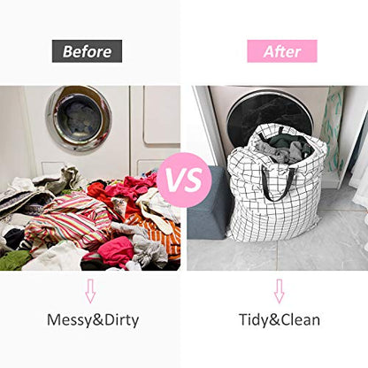 SWISSELITE Heavy Duty Laundry Drawstring Bag with Strap, 28 x 40 Inches Travel Dirty Clothes Bag for Laundromat and Household, 6 Color - color: Check White-Black Line