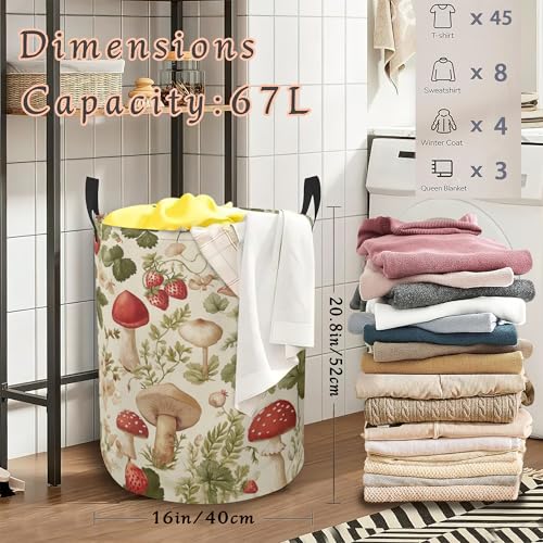 Mushroom Strawberry Laundry Basket,Plants Leaf Foldable Oxford Cloth Laundry Hamper with Handles Waterproof Dirty Clothes Storage Basket for Bathroom Bedroom Dorm Room 16" x 20.8" - color: Mushroom Strawberry Plants Leaf