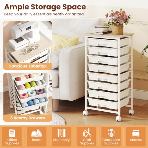 Giantex 8 Drawers Rolling Cart with Wheels, Wood Top, Sturdy Frame - color: White, size: 8 Drawer-15"x11"x30"