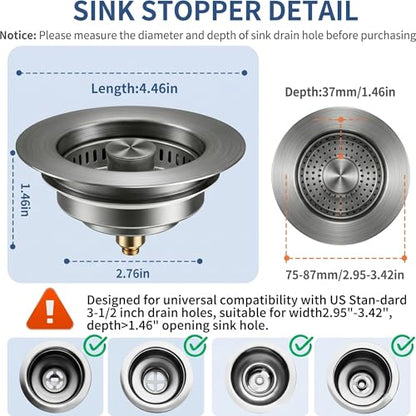 3 in 1 Kitchen Sink Drain Strainer & Pop Up Sink Stopper 2 Pack, Sink Strainer Anti-Clogging Kitchen Sink Basket, Odor-Free Water Catcher, Universal 3-1/2" Fit for US Standard Kitchens - color: Gunmetal Grey