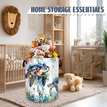 Ocean Sea Turtle Laundry Basket Oxford Cloth Foldable Hamper 18.9x16.5 Inch - color: Cute Blue Turtles Ocean Beach